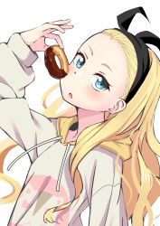Rule 34 | 1girl, absurdres, ao (flowerclasse), arm up, black hairband, black ribbon, blonde hair, blue eyes, blush, commentary request, doughnut, drawstring, food, forehead, grey hoodie, hair ribbon, hairband, highres, holding, holding food, hood, hood down, hoodie, kurumi (lycoris recoil), long hair, long sleeves, looking at viewer, lycoris recoil, parted lips, puffy long sleeves, puffy sleeves, ribbon, simple background, sleeves past wrists, solo, v-shaped eyebrows, very long hair, white background