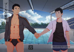 Rule 34 | 2boys, abs, age difference, bara, black male swimwear, black shirt, blue shorts, blue sky, bulge, coach, comiket 91, cover, cover page, doujin cover, eye contact, facial hair, feet out of frame, goatee, holding hands, jacket, looking at another, looking to the side, male focus, male swimwear, mature male, multiple boys, muscular, muscular male, navel, nipples, open clothes, open jacket, original, pectoral cleavage, pectorals, pool, poolside, shirt, short hair, shorts, sideburns, sky, standing, stomach, swim briefs, thick eyebrows, track jacket, whistle, whistle around neck, xzeres (xzodust)