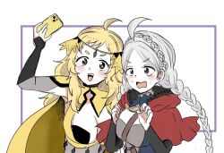 Rule 34 | 2girls, ahoge, black bridal gauntlets, blonde hair, braid, breasts, bridal gauntlets, cape, capelet, cellphone, circlet, fire emblem, fire emblem fates, grey hair, hairband, harness, hood, hood down, hooded capelet, large breasts, low twin braids, multiple girls, nina (fire emblem), nintendo, norinori omaru, o-ring, open mouth, ophelia (fire emblem), parted bangs, phone, red capelet, selfie, smartphone, swept bangs, teeth, turtleneck, twin braids, upper teeth only, yellow cape