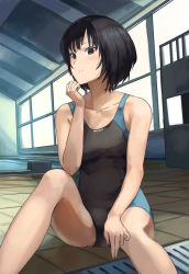 Rule 34 | 1girl, amagami, bare arms, bare legs, black eyes, black hair, black one-piece swimsuit, bob cut, breasts, collarbone, hand on own chin, indoors, nanasaki ai, nasubin (nasubisamurai15), one-piece swimsuit, parted lips, school swimsuit, short hair, sitting, small breasts, solo, spread legs, straight hair, swimsuit