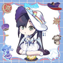 Rule 34 | 1girl, alternate costume, aqua eyes, black hair, blush, bow, breasts, character name, chibi, coin, coin purse, copyright name, elbow gloves, food, genshin impact, gloves, hat, highres, kekek, leotard, long hair, looking at viewer, mona (genshin impact), mushroom, parted lips, purple hair, rainbow bow, sitting, small breasts, solo, twintails, very long hair, white gloves, white wings, wings, witch hat