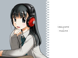 Rule 34 | 1girl, black eyes, black hair, blush, cable, collared shirt, copyright name, desk, grey eyes, head rest, headphone + musume, headphones, long sleeves, looking at viewer, necktie, ootsuka mahiro, shirt, simple background, solo, table, upper body