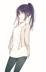 Rule 34 | 1girl, black pantyhose, blue eyes, breasts, brown jacket, collarbone, dress, hair between eyes, high ponytail, jacket, long hair, lpip, open clothes, open jacket, original, pantyhose, ponytail, purple hair, sidelocks, signature, sleeves past wrists, small breasts, solo, white dress