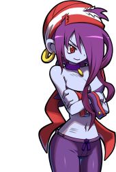 Rule 34 | 1girl, blue skin, breasts, cleavage, colored skin, earrings, jewelry, lipstick, makeup, official art, purple hair, purple lips, red eyes, risky boots, shantae (series), shantae and the pirate&#039;s curse, wide hips
