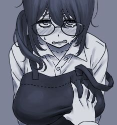 Rule 34 | .live, 1girl, apron, arms at sides, bags under eyes, blush, breasts, buttons, collared shirt, commentary request, furrowed brow, glasses, grabbing, grabbing another&#039;s breast, greyscale, groping, hair over shoulder, highres, huge breasts, kagura suzu (.live), long hair, looking at viewer, magari (c0rn3r), monochrome, nervous sweating, nose blush, official alternate costume, open mouth, popped collar, pov, pov hands, raised eyebrows, shirt, side ponytail, solo, solo focus, strap slip, sweat, tearing up, upper body, upturned eyes, virtual youtuber, wavy mouth