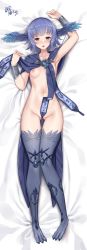 Rule 34 | 1girl, arm up, armpits, bird girl, bird legs, bird tail, blue eyes, blue hair, blush, bracelet, breasts, brooch, capelet, collarbone, commission, convenient censoring, dakimakura (medium), feathered wings, feathers, final fantasy, final fantasy xiv, from above, full body, gluteal fold, groin, hand up, harigane shinshi, harpy, highres, jewelry, lying, medium hair, meteion, monster girl, navel, nipples, nude, on back, open mouth, petite, skeb commission, small breasts, solo, stomach, tail, talons, wings