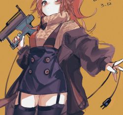 Rule 34 | 1girl, aran sweater, arknights, bad id, bad twitter id, black bow, black thighhighs, blue nails, blue skirt, blush, bow, brown background, brown sweater, buttons, cable knit, cropped, dated, feather hair, garter straps, gun, highres, holding, holding gun, holding weapon, long hair, mmm ma pmpm, mole, mole under eye, multicolored nails, nail gun, nail polish, one-hour drawing challenge, orange eyes, orange hair, pinecone (arknights), plug, ponytail, red nails, simple background, sketch, skirt, solo, sweater, thighhighs, weapon, wire