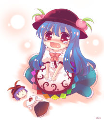 Rule 34 | 1girl, :x, blue hair, blush, broken, character doll, crying, crying with eyes open, doll, dress, food, fruit, gradient background, hands on own thighs, hat, hinanawi tenshi, kirero, layered dress, leaf, long hair, looking at viewer, nagae iku, peach, pink background, puffy short sleeves, puffy sleeves, red eyes, ribbon, seiza, short sleeves, sitting, solo, tears, touhou, wavy mouth