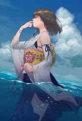 Rule 34 | 1girl, black bra, blue skirt, blue sky, bra, bracelet, breasts, brown hair, closed eyes, cloud, cloudy sky, cowboy shot, day, detached sleeves, final fantasy, final fantasy x, finger to mouth, from side, glint, hair ornament, highres, japanese clothes, jewelry, kalua, medium breasts, obi, partially submerged, partially underwater shot, profile, ring, sash, short hair, skirt, sky, solo, tassel, underwater, underwear, wading, water, wet, whistling, yuna