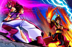 Rule 34 | 2girls, avatar: the last airbender, avatar legends, azula, bare shoulders, barefoot, battle, breasts, brown hair, capcom, chinese clothes, crossover, drill hair, energy, fighting, fighting stance, fire, hair bun, han juri, large breasts, lightning, makeup, multiple girls, nipples, seonidas, single hair bun, small breasts, street fighter, street fighter iv (series), torn clothes