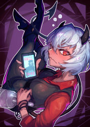 Rule 34 | 1girl, alcohol, black pants, black vest, blush, boots, bottle, breasts, cellphone, closed mouth, collared shirt, demon girl, demon horns, demon tail, drunk, formal, from behind, helltaker, highres, holding, holding bottle, holding phone, horns, knee boots, large breasts, looking at viewer, looking back, malina (helltaker), nijimaarc, pants, pantyhose, phone, red eyes, red shirt, shirt, short hair, smartphone, solo, tail, vest, waistcoat, white hair