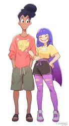 Rule 34 | 1boy, 1girl, absurdres, black hair, blouse, blunt bangs, bracelet, closed eyes, colo (nagrolaz), drawstring, glitch techs, hand on own hip, hands in pockets, high five (glitch techs), highres, jewelry, long hair, miko kubota, open mouth, pantyhose, purple hair, purple pantyhose, red shirt, sandals, shirt, shoes, short sleeves, shorts, simple background, smile, torn clothes, torn legwear, very long hair, white background, white footwear, yellow shirt