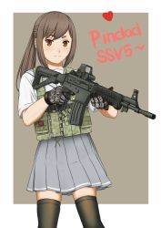 Rule 34 | 1girl, closed mouth, gloves, gun, highres, holding, holding gun, holding weapon, load bearing vest, mardjan, original, pindad ss2, ponytail, simple background, skirt, smile, solo, thighhighs, weapon