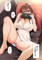 Rule 34 | 1girl, bare arms, bare legs, barefoot, blush, breasts, brown eyes, brown hair, cameltoe, cleavage, cleft of venus, collarbone, commentary request, couch, dress, hair between eyes, handheld game console, highres, holding, holding handheld game console, large breasts, long hair, looking at viewer, lying, mk (mod0), nintendo switch, on back, on couch, original, panties, pillow, shirt, short sleeves, solo, speech bubble, spread legs, thighs, translated, underwear, white dress, white panties