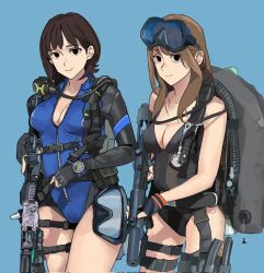 2girls assault_rifle black_eyes black_gloves black_one-piece_swimsuit blue_background blue_one-piece_swimsuit bodysuit brown_hair corrupted_twitter_file diving_regulator diving_suit fingerless_gloves frogman gloves goggles gun h&amp;k_mp5sd highres long_hair multiple_girls one-piece_swimsuit original partially_unzipped rail_(weapon) rifle scuba scuba_gear short_hair simple_background submachine_gun suppressor swimsuit wani_(perfect_han) weapon wetsuit zipper