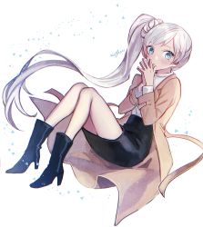Rule 34 | 1girl, black footwear, black skirt, blue eyes, boots, brown coat, coat, ecru, floating hair, full body, high heel boots, high heels, long hair, long sleeves, looking at viewer, miniskirt, open clothes, open coat, own hands together, pencil skirt, rwby, scar, scar across eye, scar on face, shirt, side ponytail, signature, silver hair, skirt, solo, very long hair, weiss schnee, white background, white shirt