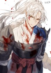 Rule 34 | 1boy, armor, artist name, blood, facial mark, fur, high ponytail, inu no taishou, inuyasha, japanese clothes, long hair, male focus, pointy ears, ponytail, simple background, solo, sukja, white hair, yellow eyes