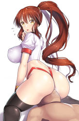 Rule 34 | 1boy, 1girl, ass, black thighhighs, blush, breasts, brown hair, choker, covered erect nipples, curvy, faceless, faceless male, flower, flying sweatdrops, hetero, high ponytail, huge ass, kneeling, kyonko, large breasts, leaning forward, long hair, looking at viewer, looking back, lying, midriff, nagase haruhito, on back, open mouth, ponytail, revealing clothes, shiny skin, shirt, short sleeves, simple background, sitting, sitting on face, sitting on person, skindentation, suzumiya haruhi no yuuutsu, thighhighs, thong, very long hair, white background, white shirt, yellow eyes