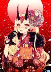 Rule 34 | 1girl, :p, aliasing, bead bracelet, beads, blonde hair, boar, bracelet, checkered background, confetti, earrings, facial mark, fate/grand order, fate (series), floral print, food, fur trim, gradient background, hair ornament, hizuki aya, horns, ibaraki douji (fate), japanese clothes, jewelry, kimono, long hair, looking at viewer, macaron, oni, orange eyes, pointy ears, red background, smile, solo, tattoo, tongue, tongue out