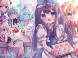 Rule 34 | 6+girls, american flag dress, american flag legwear, antennae, aqua hair, black hair, black tea, blonde hair, blue bow, blue dress, blue eyes, blue hair, blush, bow, butterfly wings, cake, chair, cirno, closed eyes, closed mouth, clownpiece, cookie, cup, daiyousei, dorowa (drawerslove), dress, drill hair, drink, drinking glass, drinking straw, eternity larva, fairy, fairy wings, food, food on face, green dress, green eyes, green hair, hair between eyes, hair bow, hat, highres, insect wings, jester cap, leaf, leaf on head, lily white, long hair, luna child, multicolored clothes, multicolored dress, multiple girls, open mouth, orange hair, oven mitts, pancake, pantyhose, pink headwear, polka dot, polka dot headwear, puffy short sleeves, puffy sleeves, red dress, red eyes, short hair, short sleeves, sitting, smile, star (symbol), star print, star sapphire, striped clothes, striped dress, sunny milk, tea, touhou, twin drills, white dress, white headwear, wings