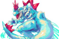 Rule 34 | 1other, claws, creatures (company), feraligatr, full body, game freak, gen 2 pokemon, kira (kira dra), looking back, multicolored eyes, nintendo, open mouth, pokemon, pokemon (creature), sharp teeth, simple background, spikes, standing, teeth, white background