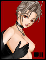 Rule 34 | 00s, 1girl, breast lift, breasts, brown eyes, character name, choker, earrings, final fantasy, final fantasy x, final fantasy x-2, gloves, jewelry, medium breasts, necklace, nipples, paine, paine (ff10), red background, short hair, silver hair, solo, square enix, suhara (protea)