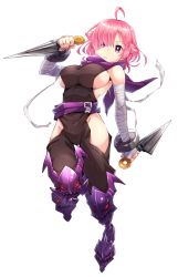 Rule 34 | 1girl, :&lt;, ahoge, armored boots, bandages, bandaged arm, bandages, bare shoulders, belt, belt buckle, black bodysuit, bodysuit, boots, breasts, buckle, character request, closed mouth, comic, commentary request, copyright request, dual wielding, full body, groin, hair flaps, hair over one eye, hip vent, holding, holding weapon, indie virtual youtuber, kunai, large breasts, looking at viewer, manmaru tamago, ninja, pink eyes, pink hair, purple footwear, purple scarf, scarf, short hair, sideboob, simple background, solo, thigh boots, thighhighs, virtual youtuber, weapon, white background