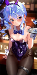 Rule 34 | 1girl, black leotard, black pantyhose, blue bow, blue bowtie, blue eyes, blue hair, blush stickers, bow, bowtie, breasts, cocktail glass, cup, drinking glass, hair ribbon, highres, hololive, hoshimachi suisei, leotard, long hair, looking at viewer, mizuno kurage, pantyhose, ribbon, side ponytail, sitting, small breasts, solo, star (symbol), star in eye, symbol in eye, tray, virtual youtuber