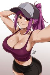 1girl absurdres airisubaka arm_behind_head arm_up artist_name bandaid bandaid_on_cheek bandaid_on_face bare_arms bare_shoulders baseball_cap bike_shorts breasts cleavage collarbone commentary cowboy_shot eyes_visible_through_hair gradient_background grey_background hat highres large_breasts leah_(airisubaka) long_hair looking_at_viewer midriff navel orange_eyes original ponytail purple_hair purple_tank_top selfie signature simple_background smile solo sweat symbol-only_commentary tank_top