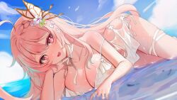 Rule 34 | 1girl, :d, bikini, blush, bow, breasts, character request, cleavage, frills, hair ornament, highres, indie virtual youtuber, large breasts, long hair, looking at viewer, open mouth, outdoors, partially submerged, pink eyes, pink hair, ropu (ropu 10), smile, solo, swimsuit, symbol in eye, thighs, virtual youtuber, wet