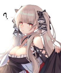 Rule 34 | 1girl, ?, azur lane, between breasts, black dress, braid, braided bun, breasts, cleavage, dress, earrings, formidable (azur lane), frilled dress, frills, grey hair, hair bun, holding, holding clothes, holding dress, holding skirt, jewelry, large breasts, long hair, looking at viewer, luobo (nsnr8754), platinum blonde hair, red eyes, ribbon, skirt, skirt hold, solo, twintails, two-tone dress, two-tone ribbon, very long hair
