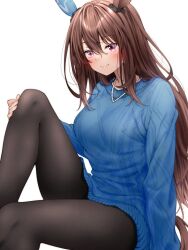 Rule 34 | 1girl, admire vega (umamusume), alternate costume, animal ears, black pantyhose, blue sweater, blush, breasts, brown hair, closed mouth, commentary request, ear covers, hair between eyes, hair down, horse ears, horse girl, horse tail, knee up, long hair, long sleeves, looking at viewer, medium breasts, pantyhose, purple eyes, red hayao, simple background, single ear cover, smile, sweater, tail, umamusume, white background
