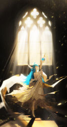 Rule 34 | 1girl, ahoge, anklet, armlet, bare shoulders, bili girl 22, bilibili, blue hair, blurry, breasts, chain, closed mouth, clothing cutout, crack, crescent, depth of field, detached sleeves, dress, flipped hair, gold trim, hair ornament, hands up, high heels, highres, holding, holding staff, indoors, jewelry, layered dress, light particles, light rays, long dress, long hair, looking away, looking up, motion blur, navel, neck ring, see-through, shawl, sidelocks, small breasts, smile, solo, staff, standing, stomach cutout, strapless, strapless dress, sunlight, swept bangs, white dress, white footwear, wind, window, window shadow, wing hair ornament, wu xiao xian