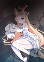 Rule 34 | 1girl, animal ear fluff, animal ears, bare shoulders, blonde hair, blue archive, blush, clonatenshi, detached sleeves, dress, extra ears, fox ears, halo, highres, long hair, looking at viewer, pantyhose, parted lips, seia (blue archive), solo, striped clothes, striped pantyhose, vertical-striped clothes, vertical-striped pantyhose, white dress, white pantyhose, white sleeves, wide sleeves, yellow eyes, yellow halo