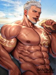 Rule 34 | abs, arm tattoo, bara, chest tattoo, closed eyes, cloud, commission, cross scar, day, eating, facial hair, food, highres, holding, holding food, indie virtual youtuber, large pectorals, rai bolim, male focus, muscular, muscular male, navel, nipples, outdoors, pectorals, scar, scar on chest, shirt, short hair, skeb commission, sky, smile, tattoo, upper body, virtual youtuber, waiwai mura, white shirt