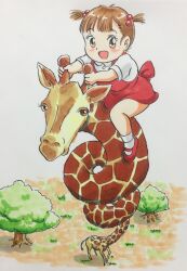 Rule 34 | 1girl, animal, blush, bow, brown eyes, brown hair, dress, giraffe, grass, hair bobbles, hair ornament, long neck, looking at viewer, marup, open mouth, red bow, red dress, red footwear, riding, school uniform, shirt, shoes, short hair, short sleeves, sitting, sleeveless, sleeveless dress, smile, socks, tree, twintails, waist bow, white background, white shirt, white socks