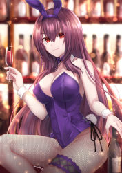 Rule 34 | 1girl, alcohol, animal ears, blush, bottle, breasts, bridal garter, cup, detached collar, drinking glass, fake animal ears, fate/grand order, fate (series), fishnet pantyhose, fishnets, hair between eyes, highleg, highleg leotard, highres, large breasts, leotard, long hair, looking at viewer, nekoha gc, official alternate costume, pantyhose, playboy bunny, purple hair, purple leotard, rabbit ears, red eyes, scathach (fate), scathach (piercing bunny) (fate), sitting, smile, thighs, wine, wine bottle, wine glass, wrist cuffs