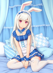 Rule 34 | 1girl, animal ears, bed, blue dress, blue theme, breasts, canopy bed, closed mouth, commentary request, detached collar, dress, frilled dress, frills, headdress, long hair, looking at viewer, medium breasts, no shoes, on bed, original, pillow, rabbit ears, rabbit girl, red eyes, sasaame, short sleeves, silver hair, sitting, solo, striped, thighhighs, white thighhighs, wrist cuffs, yokozuwari, zettai ryouiki