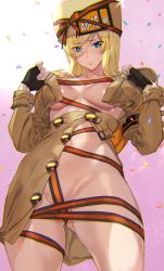 Rule 34 | 1girl, ashiomi masato, black gloves, blonde hair, blue eyes, blush, breasts, coat, commentary request, confetti, fingerless gloves, gloves, gluteal fold, guilty gear, guilty gear strive, hair between eyes, hat, long hair, looking at viewer, millia rage, naked coat, navel, ribbon, solo
