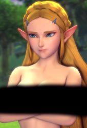 Rule 34 | 3d, bar censor, bare shoulders, blonde hair, blue eyes, blush, braid, breasts, censored, cleavage, crossed arms, lips, long hair, nintendo, nude, pointy ears, pout, princess zelda, the legend of zelda, the legend of zelda: breath of the wild, woozysfm