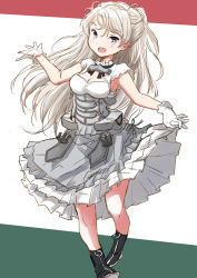 Rule 34 | 1girl, black footwear, breasts, brown eyes, cleavage, commentary request, conte di cavour (kancolle), conte di cavour nuovo (kancolle), dress, frilled dress, frills, fuji (pixiv24804665), full body, gloves, grey dress, grey hair, highres, kantai collection, long hair, medium breasts, multicolored background, sleeveless, sleeveless dress, solo, standing, two side up, white gloves