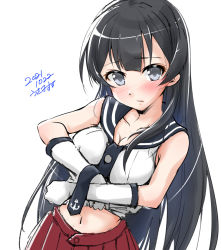 Rule 34 | 1girl, agano (kancolle), anchor symbol, black hair, black necktie, black sailor collar, commentary request, cowboy shot, gloves, grey eyes, kantai collection, long hair, looking at viewer, midriff, navel, necktie, one-hour drawing challenge, pleated skirt, red skirt, sailor collar, school uniform, serafuku, shirt, shirt hold, simple background, skirt, sleeveless, sleeveless shirt, solo, usami (50-point caliper), white background, white gloves
