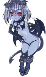 Rule 34 | 1girl, arm behind back, bad id, bad pixiv id, black gloves, black panties, black thighhighs, black wings, blue skin, blush, boots, breasts, clothing cutout, collarbone, colored skin, demon girl, demon tail, devil (monster girl encyclopedia), earrings, elbow gloves, full body, gloves, hair between eyes, hand on own stomach, hatikosuto, head wings, heart, heart cutout, jewelry, leaning forward, legs together, licking lips, lolououo, looking at viewer, lowleg, lowleg panties, monster girl, monster girl encyclopedia, monster girl encyclopedia ii, naughty face, navel, panties, petite, pointy ears, red eyes, short hair, silver hair, simple background, skull, small breasts, solo, tail, thighhighs, tongue, tongue out, underwear, white background, wings