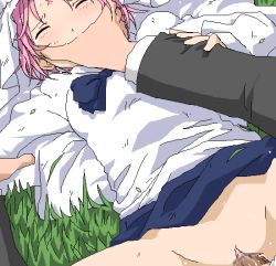 Rule 34 | 1girl, blush, censored, character request, clothed sex, closed eyes, glass, lying, oekaki, penis, pink hair, pussy, rape, sex, short hair, solo focus, spread legs, tears, tomu (tomubobu)