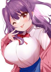 Rule 34 | 1girl, :p, ahoge, blush, breasts, cardigan, hase rinon, highres, kiyo (yamazoe1122), large breasts, one eye closed, pink cardigan, purple hair, red eyes, school uniform, skirt, tama project, tongue, tongue out, twintails, virtual youtuber