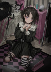 Rule 34 | 1girl, 666, absurdres, ankle boots, backpack, badge, bag, belt, belt boots, black bag, black belt, black choker, black dress, black footwear, black hair, blush, boots, button badge, cabinet, choker, closed mouth, computer, cross, dress, earrings, gishiki (gshk), hair bobbles, hair ornament, hairclip, hands up, highres, interlocked fingers, jewelry, laptop, latin cross, light smile, long sleeves, looking at viewer, medium hair, mirror, original, pinky ring, purple eyes, revision, ring, single thighhigh, sitting, solo, striped clothes, striped thighhighs, stud earrings, tablet pc, thighhighs, torn clothes, torn thighhighs, twintails, wariza