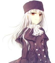 Rule 34 | 1girl, deep (deep4946), fate/stay night, fate (series), fur hat, hat, highres, illyasviel von einzbern, long hair, papakha, purple hat, red eyes, scarf, simple background, smirk, solo, upper body, white background, white hair, white scarf, winter clothes