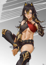 Rule 34 | 1girl, absurdres, belt, black belt, black gloves, black hair, black shorts, blonde hair, blue eyes, breasts, commentary request, criss-cross halter, dehya (genshin impact), genshin impact, gloves, grey background, hair between eyes, halterneck, hand up, highres, large breasts, linreplica, long hair, looking at viewer, midriff, nail polish, navel, pointy hair, red lips, red nails, short shorts, shorts, sitting, solo, stomach