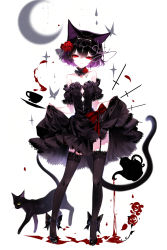 Rule 34 | 1girl, animal ears, black dress, black hair, black thighhighs, cat, cat ears, cat tail, clothes lift, crescent moon, cup, detached collar, dress, dress lift, flower, full body, garter straps, hair between eyes, hair flower, hair ornament, high heels, highres, lifting own clothes, looking at viewer, moon, original, pumps, red eyes, rose, sheya, short hair, signature, solo, standing, strapless, strapless dress, tail, teacup, teapot, thighhighs, white background
