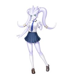 Rule 34 | 1girl, blue eyes, blue skirt, colored skin, full body, highres, latticour, lilith-soft, monster girl, pale skin, pointy ears, rabidhowl, sano toshihide, school uniform, shoes, simple background, skirt, solo, taimanin (series), taimanin rpgx, tentacle hair, tie, uniform